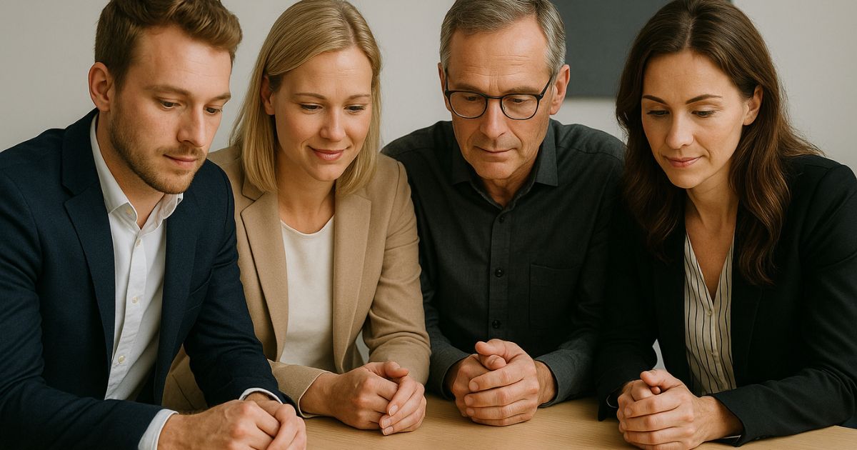 Vier medewerkers zitten samen aan een tafel en bekijken documenten tijdens overleg